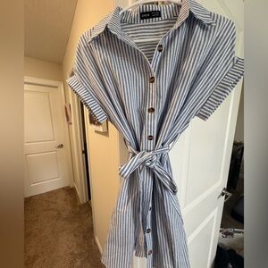SHEIN Light Blue & White Striped Shirt Dress with Collar